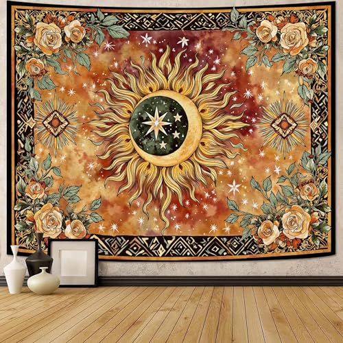 Faxdong Sun and Moon Tapestry, Boho Crescent Aesthetic Tapestries with Rose and Vine, Bedroom Room Living Room and Dorm Decor - color: Yellow, size: 80"L x 60"W