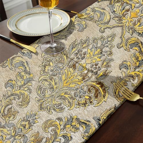 Luxury Table Runner Chenille Jacquard with Pretty Tassels Beige 60" - color: Beige, size: 13x60"