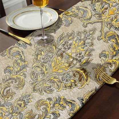 Large Dinner Table Runner Jacquard Chenille Floral Tablecloths Beige 120" - color: Beige, size: 13x120"