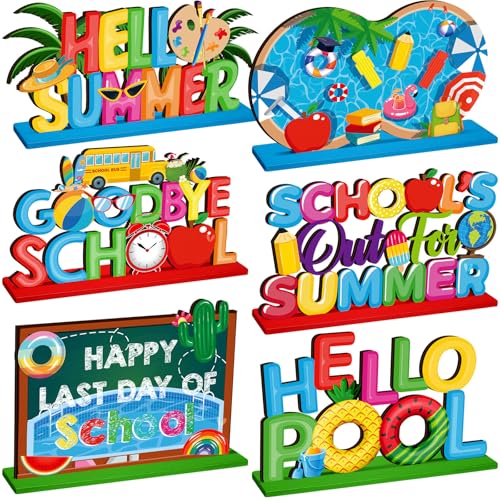 CroBlissful 6 Pcs Schools Out for Summer Signs, Hello Summer Wooden Decor - style: Summer
