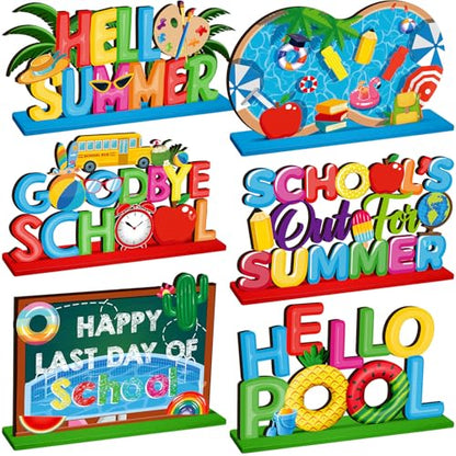 CroBlissful 6 Pcs Schools Out for Summer Signs, Hello Summer Wooden Decor - style: Summer