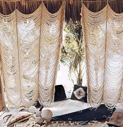 Macrame Curtain White Handmade Boho Room Divider Window Yarn 59"W*75"L - color: Ivory