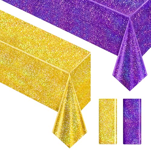 Purple & Gold Holographic Tablecloth 40" x 108" Iridescence Plastic Table Cloth for Valentine's Day, Birthday & Halloween Parties - color: Purple & Gold