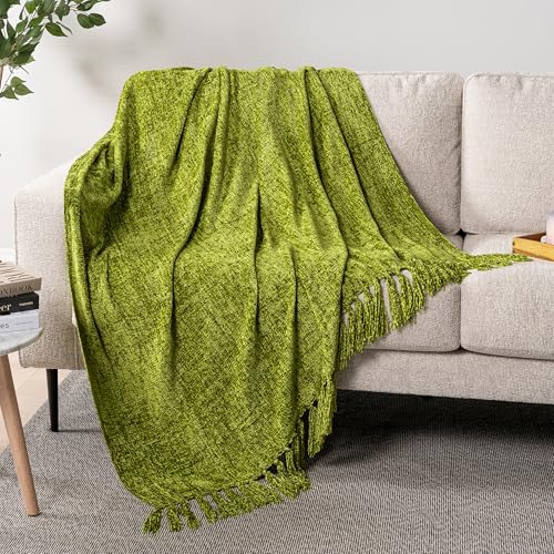 PAVILIA Chenille Throw Blanket, Knit Sofa Couch Tassel Throw, Olive 50x60 - color: Olive, size: 50 X 60 Inches - Throw