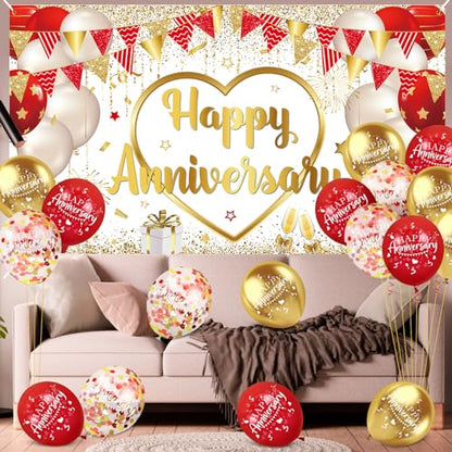 Red Gold Anniversary Party Decorations Happy Anniversary Banner Backdrop and 18Pcs Red Gold Happy Anniversary Balloons Anniversary Party Photography Background for Wedding Anniversary Party Supplies