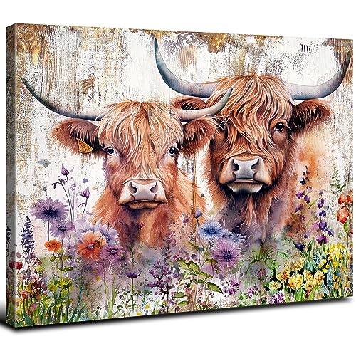 Farmhouse Highland Cow Wall Art Rustic Cow Floral Pictures Wall Decor Western Country Cattle Canvas Print Bathroom Painting Watercolor Animal Wildflower Artwork Kitchen Living Room Nursery Home - color: Cow, size: 16"L x 12"W