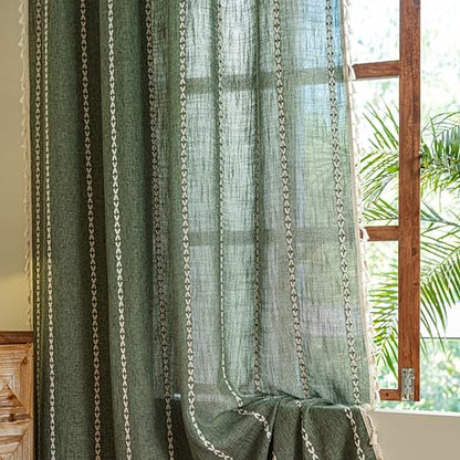 Sutuo Home Boho Kitchen Curtains with Beige Tassels, Semi Blackout Linen French Country Shabby Chic Window Treatment Bohemian Embroidery Knitted Drape, Rod Pocket 1 Panel 52" W x 63" L, Olive Green - color: Olive Green Stripes, size: 52"W x 63"L (Pack of
