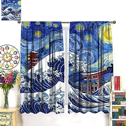 Japanese Asian Art Blackout Curtains - Blue Anime Ocean The Great Waves Fantasy Starry Sky Torii Rod Pocket Window Curtain Set Energy Saving Thermal Insulated Drapes,2 Panels 45L x 21W - color: Japanese Asian Art, size: 21"W x 45"L (Pack of 2)