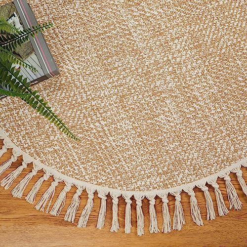 Collive Hand Woven Circle Area Rug, Soft Hand Woven Cotton Washable Carpet - color: Tan/Cream, size: 4' (Round)