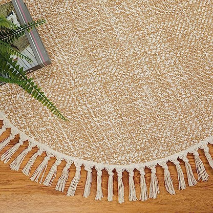 Collive Hand Woven Circle Area Rug, Soft Hand Woven Cotton Washable Carpet - color: Tan/Cream, size: 4' (Round)