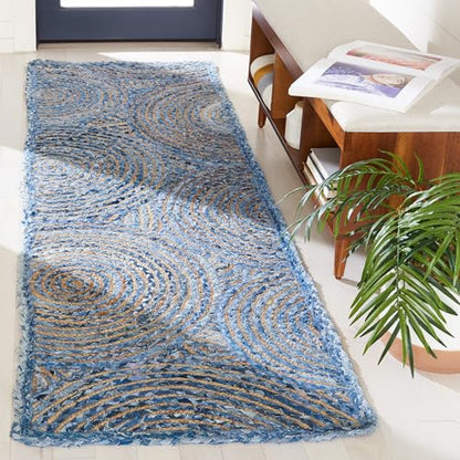 SAFAVIEH Cape Cod Collection Runner Rug - 2'3" x 8', Blue & Natural, Handmade Boho Braided Circles Jute & Cotton, Ideal for High Traffic Areas in Living Room, Bedroom (CAP203M) - color: Blue/Natural, size: 2'3" x 8' (Runner)
