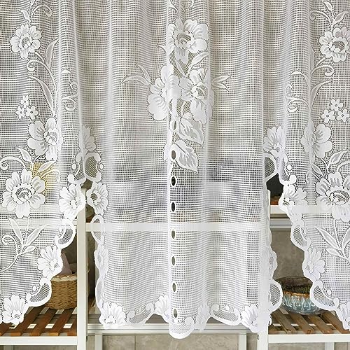 1 Panel White Floral Embroidery Tie-Up Sheer Lace Curtain Valance - color: White, size: 59"W x 39"L (Pack of 1)