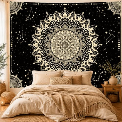 Apdidl Boho Mandala Tapestry for Bedroom, Black Hippie Ceiling Tapestries - color: Black Gold Mandala Tapestry, size: 79"L x 60"W