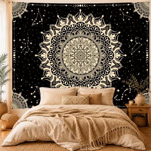Apdidl Boho Mandala Tapestry for Bedroom, Black Hippie Ceiling Tapestries - color: Black Gold Mandala Tapestry, size: 90"L x 71"W