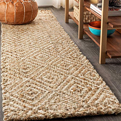 JONATHAN Y Hira Hand Woven Diamond Chunky Jute Natural Runner Rug, 2x12, Bohemian, Transitional, Easy-Cleaning for Living Room, Bedroom, Kitchen, Pet Friendly, Non-Shedding (NFR100A-212) - size: 2'2" x 12' (Runner)