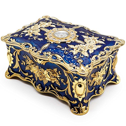 Luxury Vintage Rectangle Metal Alloy Jewelry Box Trinket Organizer Storage Box with Rose Pattern for Women, Girls, Two-Layer Design, Gold & Blue, Large - color: Gold & Blue