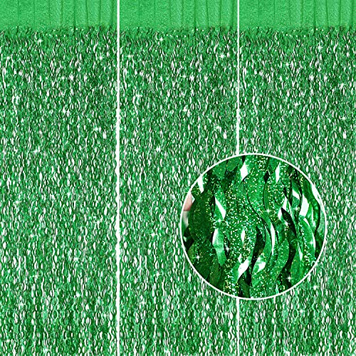 Green Foil Backdrop Curtain - CYLMFC 3 Pack 3.3 ft x 6.6 ft Birthday Streamers Party Curtains Decorations Backdrop Xmas Graduation Decor - color: Laser Green