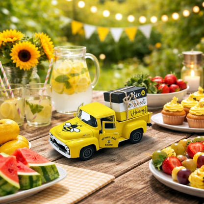 5.7in Bee Truck Decor with Sweet Honey Blocks, Yellow Metal Pickup - color: Yellow