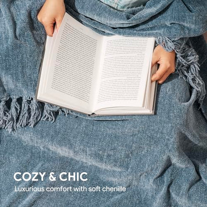 RECYCO Throw Blanket Soft Cozy Chenille Throw Blanket with Fringe Tassel for Couch Sofa Chair Bed Living Room Gift (Dusty Blue, 60'' x 80'') - color: Dusty Blue, size: 60'' X 80''