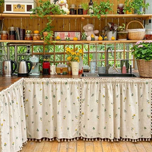 Estmy Vintage Farmhouse Valances for Windows 18’’L x 52’’W, Embroidery Floral Country Rustic Linen Kitchen Valances with Tassels for Dining Living Room Bathroom Cute Small Short Curtains Topper - size: 52"W x 18"L (Pack of 1)