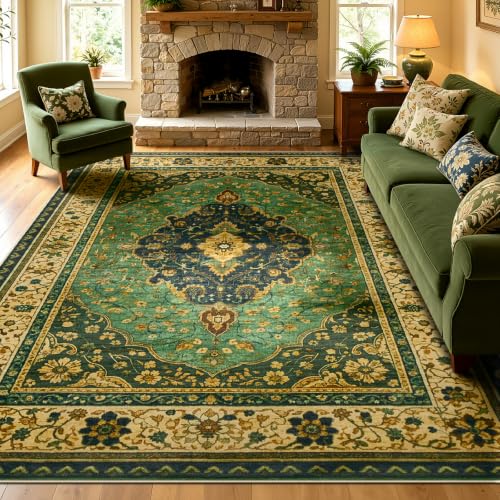 Joydeco Gold and Green Rugs for Living Room, 5x7 Washable Rug for Bedroom - color: Green/Beige, size: 5' x 7' (Rectangular)