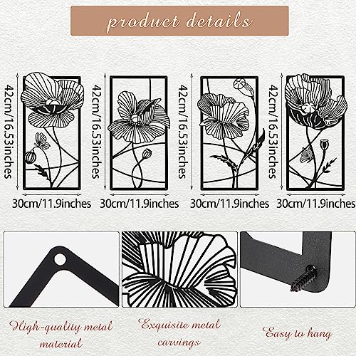 4 Pcs Black Metal Flower Wall Art Minimalist Floral Decor, Elegant - style: Elegant
