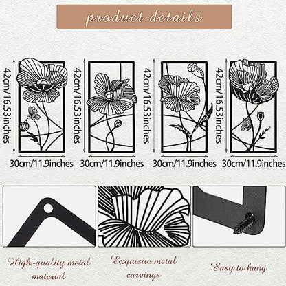 4 Pcs Black Metal Flower Wall Art Minimalist Floral Decor, Elegant - style: Elegant