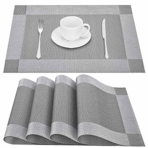 GIVERARE Placemats Set of 4, Heat-Resistant Woven Vinyl Placemat, Non-Slip Washable PVC Table Mat, Easy to Clean Premium Plastic Mats for Dining, Kitchen Table (Silver+Gray) - color: Silver+gray