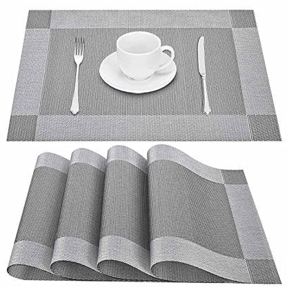 GIVERARE Placemats Set of 4, Heat-Resistant Woven Vinyl Placemat, Non-Slip Washable PVC Table Mat, Easy to Clean Premium Plastic Mats for Dining, Kitchen Table (Silver+Gray) - color: Silver+gray