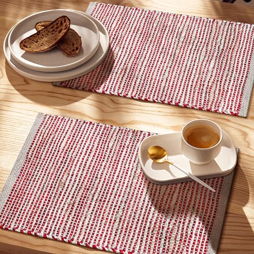 Cotton/Jute Placemats Set of 4-13x19 Inch - Natural - Red - color: Natural - Red