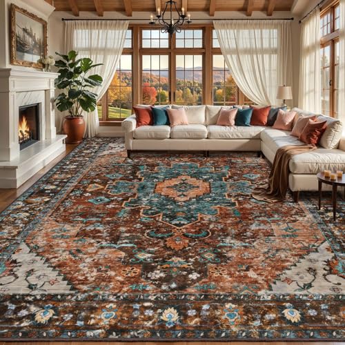 Ciicool 10x14ft Washable Soft Vintage Large Low-Pile Living Room Area Rug - color: Brick Red/Dull Teal, size: 10' x 14' (Rectangular)