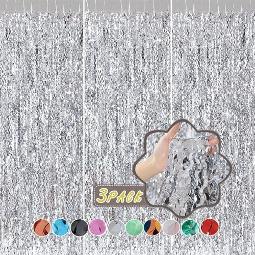 3 Pack Wave Silver Tinsel Curtain - 3.3x6.6 Feet Foil Streamers Birthday Party Decorations Wedding Background Decor Photo Booth Props - color: Pure Silver