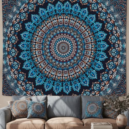 Motanber Blue Mandala Tapestry Wall Hanging Vintage Medallion Tapestry Aesthetic Hippie Boho Floral Cool Cute Large Tapestries for Bedroom Living Room Dorm Wall Decor 80 x 60 Inch - color: Navy Blue, size: 80"L x 60"W