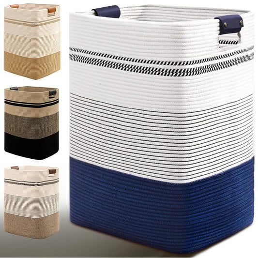 Laundry Hamper, 85L Tall Laundry Basket with Leather Handles, Rectangle Large Clothes Hamper for Organizing, Cotton Woven Laundry Baskets Storage Hampers for Bedroom, Nursery, Living Room - color: Dark Blue & White, size: 85L