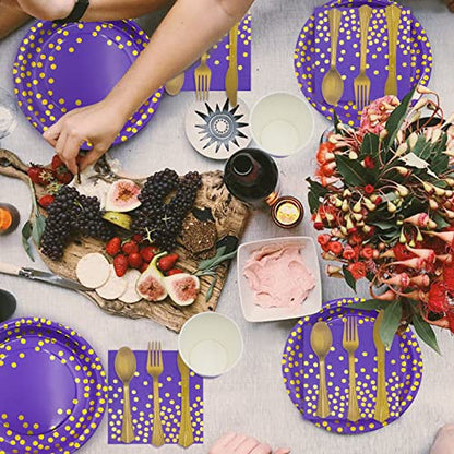 AIRE Purple Gold Paper Plates Set, 350PCS Disposable Dinnerware for 50 - color: 350pcs Purple and Gold