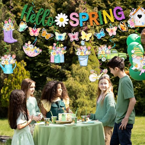 Spring Decorations Banner,Spring Party Decorations Includes Hello Spring Banner and Butterfly Spring Hanging Swirls, Spring Decorations for Office Home Classroom