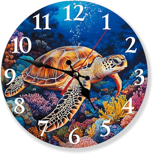 Sea Turtle Silent Non Ticking Wall Clock 12 Inch, Battery Operated, Under The Sea Round Wood Clock, Coastal Decorative Gift for Bathroom, Kitchen, Living Room, Bedroom, Nursery, Office - color: Sea Turtle