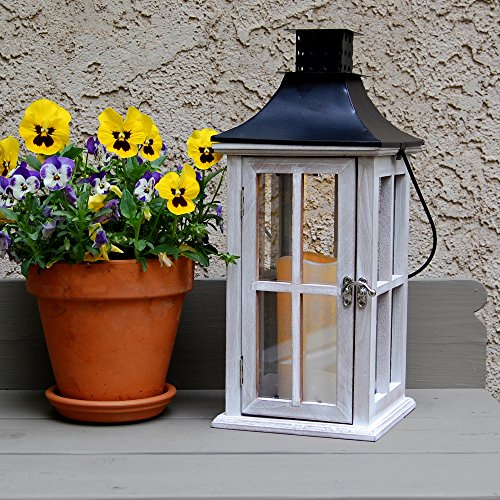 LumaBase Wooden Lantern with Battery Operated Candle - White Washed with Black Roof