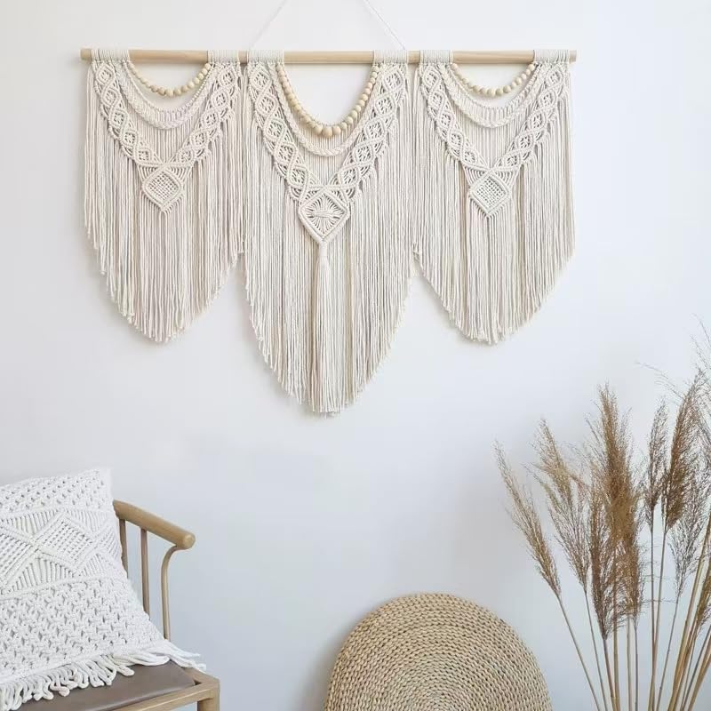 oiikain Large Macrame Wall Hanging, Boho Tapestry Wall Decor, 43 x 32 Inch - color: Beige Wood Beads