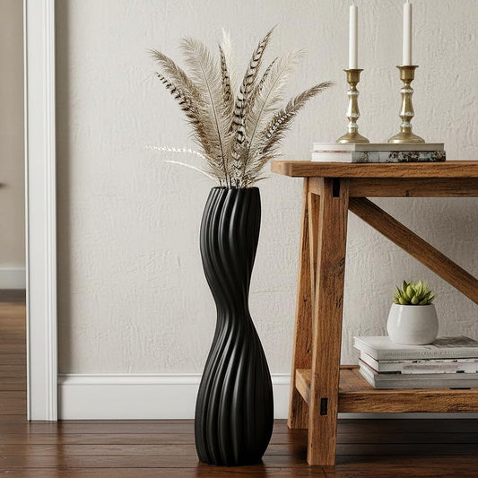 Modern Black Floor Vase, 24 Inch Tall S-Shape Striped Resin Vases, Large Sturdy Home Decor Vase for Living Room, Office, Bedroom with Oval Opening for Dried Pampas Grass & Branches - color: Black
