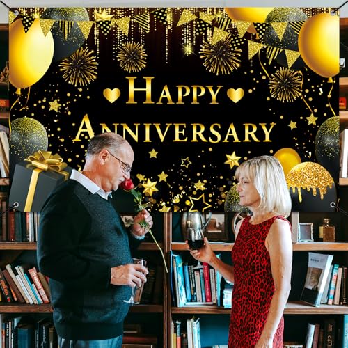 Happy Anniversary Decorations Kit - 5.9x3.6Ft Banner & 18PCS Balloons, Black & Gold Backdrop for Wedding, Party Supplies - Men & Women