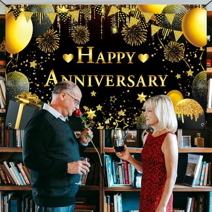 Happy Anniversary Decorations Kit - 5.9x3.6Ft Banner & 18PCS Balloons, Black & Gold Backdrop for Wedding, Party Supplies - Men & Women