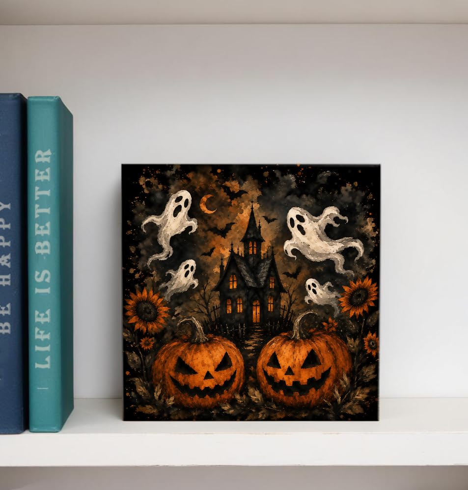 Spooky Gothic Halloween Wooden Box Decorative Sign 5x5 Inch - color: K