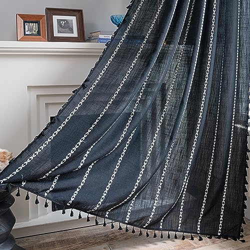 Sutuo Home Boho Curtains for Bedroom Living Room Kitchen, Semi Blackout Linen Farmhouse Shabby Chic Tassels Window Treatment Bohemian Embroidery Drape, Rod Pocket 1 Panel 52" W x 96" L, Black - color: Black Stripes, size: 52"W x 96"L (Pack of 1)