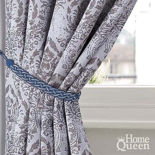 Home Queen Hand Braided Curtain Tie Back, Buckle Holdback Drapery Curtain Tiebacks, 4 Rope Belt Curtain Tie with 4 Metal Hooks, Navy and Silver - color: Navy+silver, size: 4 Pack