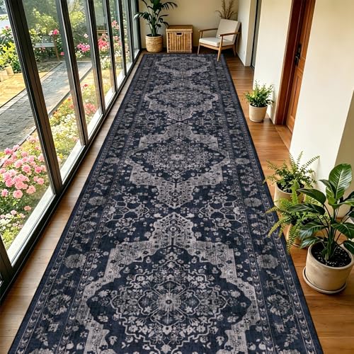 nesrt Boho 3x14ft Washable Runner Rug, Soft Extra Long Hallway Kitchen Runner with Non-Slip Rubber Backing, Vintage Distressed Oriental Indoor Decor Rug for Entryway, Bedroom, Living Room (Blue) - color: Blue, size: 3' x 14' (Rectangular)