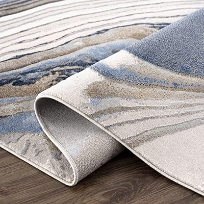 Abani 4’ x 6’ Modern Topography Design Blue Washable, Grey & Gold Area Rug Rugs Modern Pattern Dining Room Rug