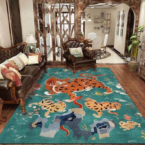 Tibetan Tiger Rug 2x3 ft Green Small Area Rug for Bathroom Boho Non-Slip Washable Door Mat Modern Abstract Tiger Carpet for Bedroom Kids Room - color: Ee, size: 2' x 3' (Rectangular)