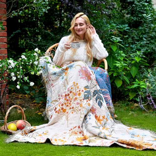 LUTBM Boho Throw Blanket for Bed 60"x80", All Season Cotton Couch Blankets - color: Flower-garden, size: 60"×80"
