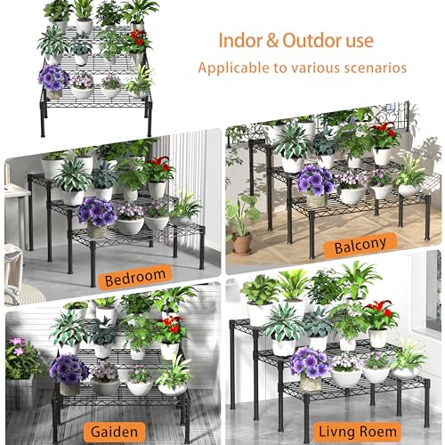 Xiofio 3 Tier Ladder Potted Multiple Plants for Indoor and Outdoor Plant Stands, Adjustable Shelves and Multifunctional Plant Racks suitable for living room balconies and gardens,(Black)